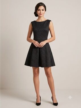 Embossed Black Fit & Flare Dress Sleeveless Mini Floral Cocktail Party Dress - M